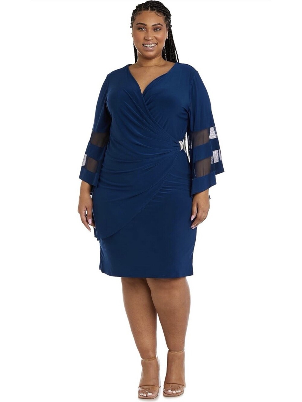 R&M Richards EWrap Dress Sheer Angel Sleeves Rhinestone Accents Size 22W Peacock